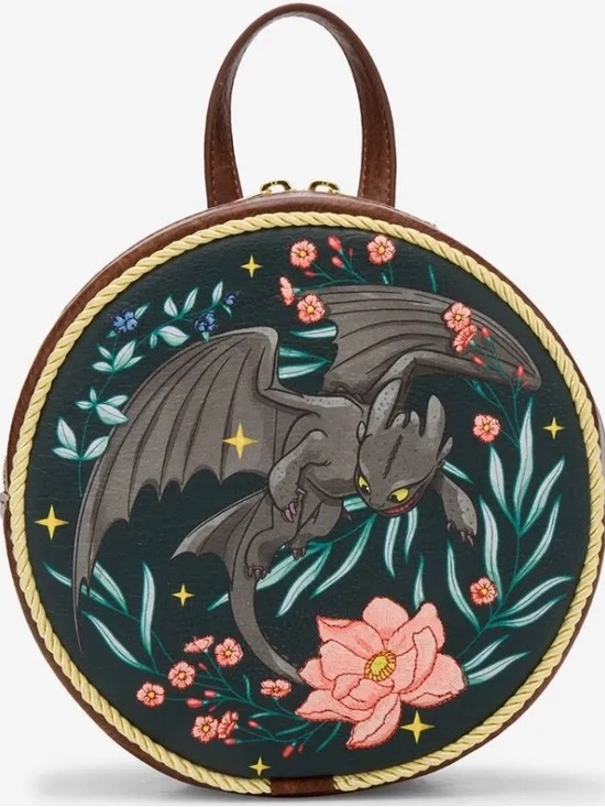 Loungefly Black Dragon Floral Round Backpack with Brown Trim